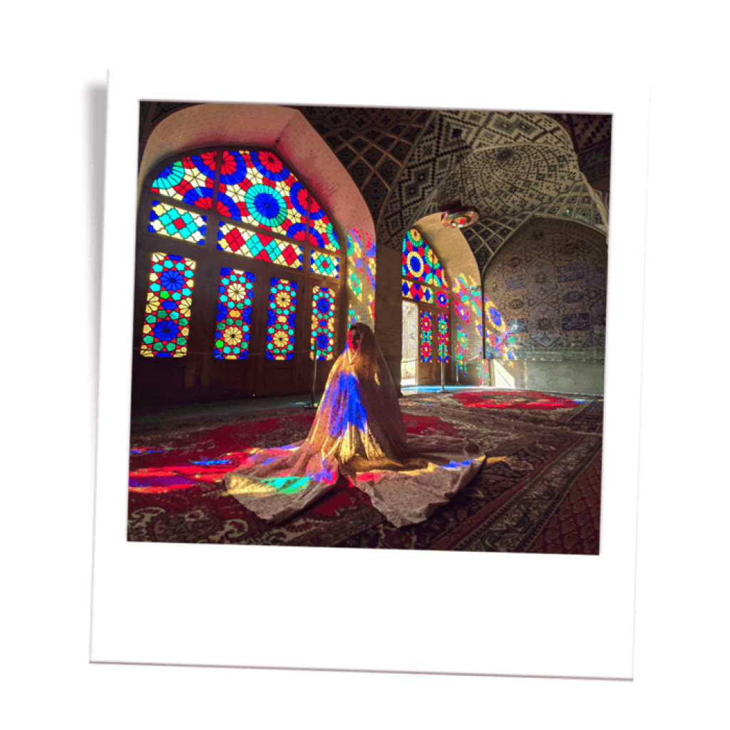 Compassimo- Photo frame of a Tourist in Nasir Al Molk Mosque in Shiraz