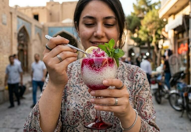 Compassimo-Iranian girl having the first bite of her Faloodeh Shirazi-Shiraz
