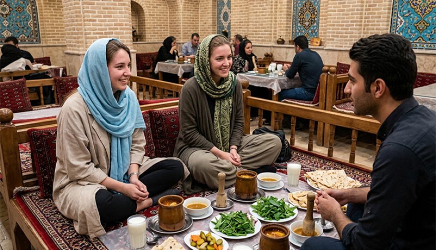 Compassimo-Tourists in a traditional Iranian restaurant having Abgoosht-Tehran