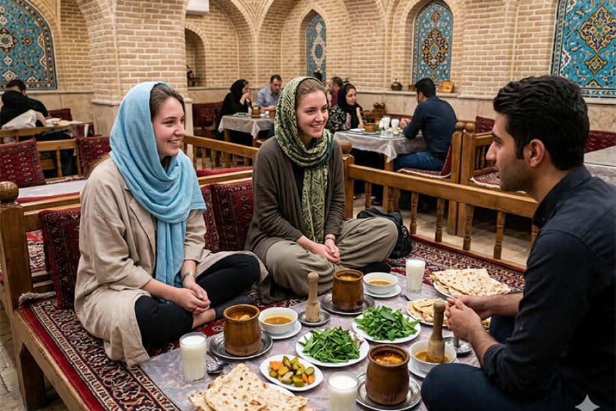 Compassimo-Tourists in a traditional Iranian restaurant having Abgoosht-Tehran