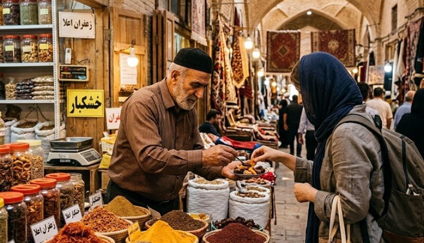 Compassimo-Local shopkeeper offering dried fruits to a tourist-Shiraz Bazaar